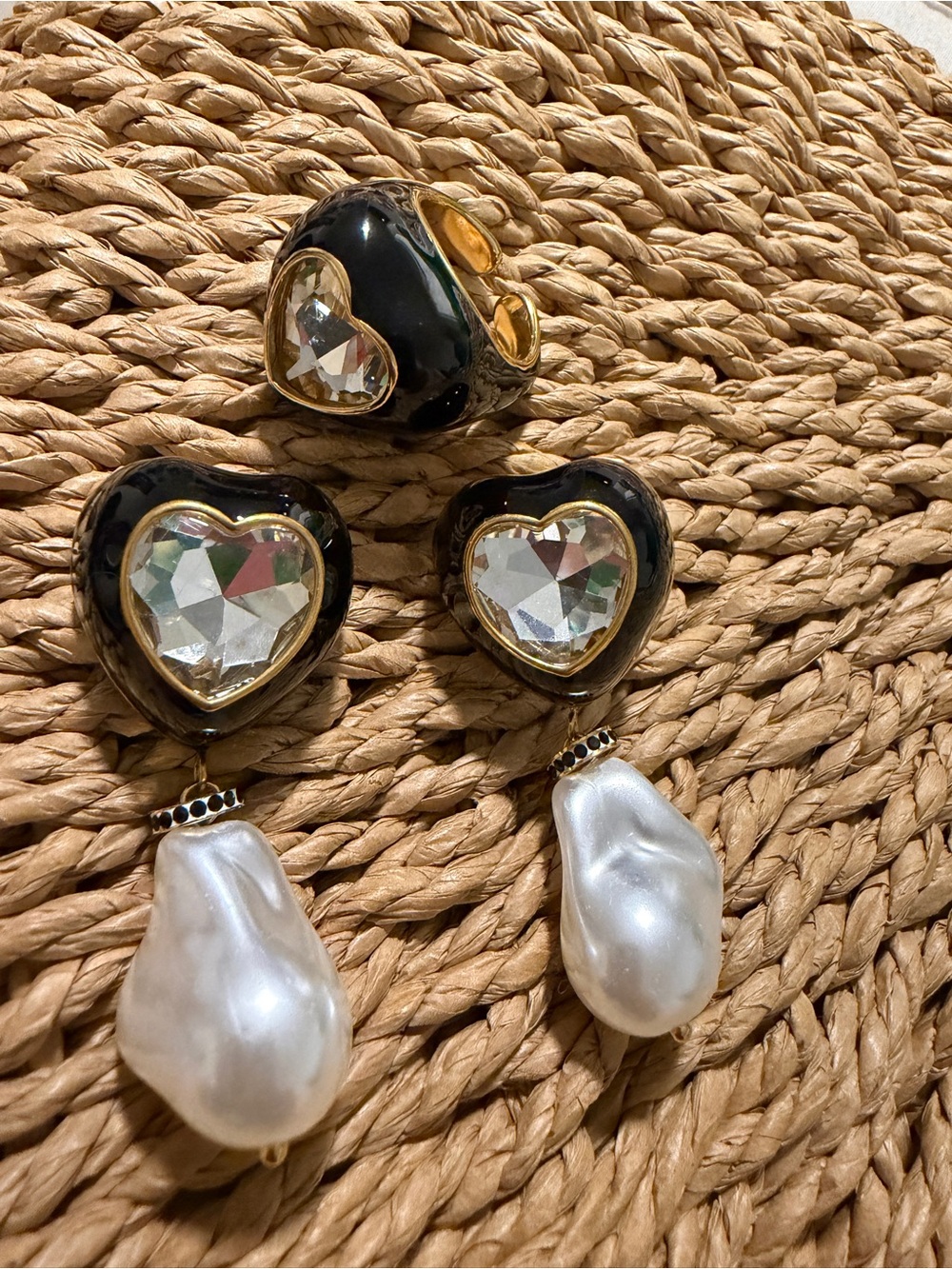 Black Heart Crystal & Pearl Drop Earrings and Ring Set
